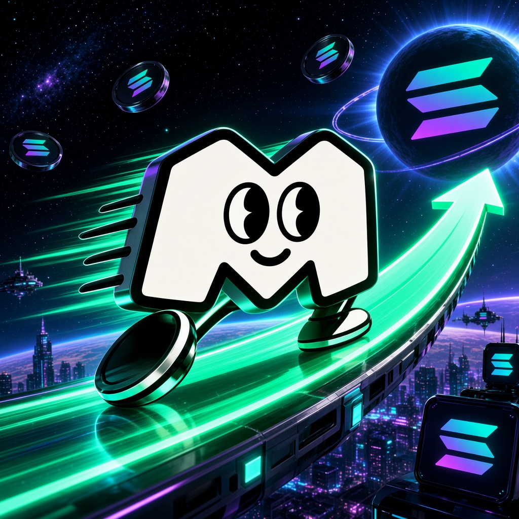 Meme Accelerationism mascot, a white M, running a neon chart through a Solana sky
